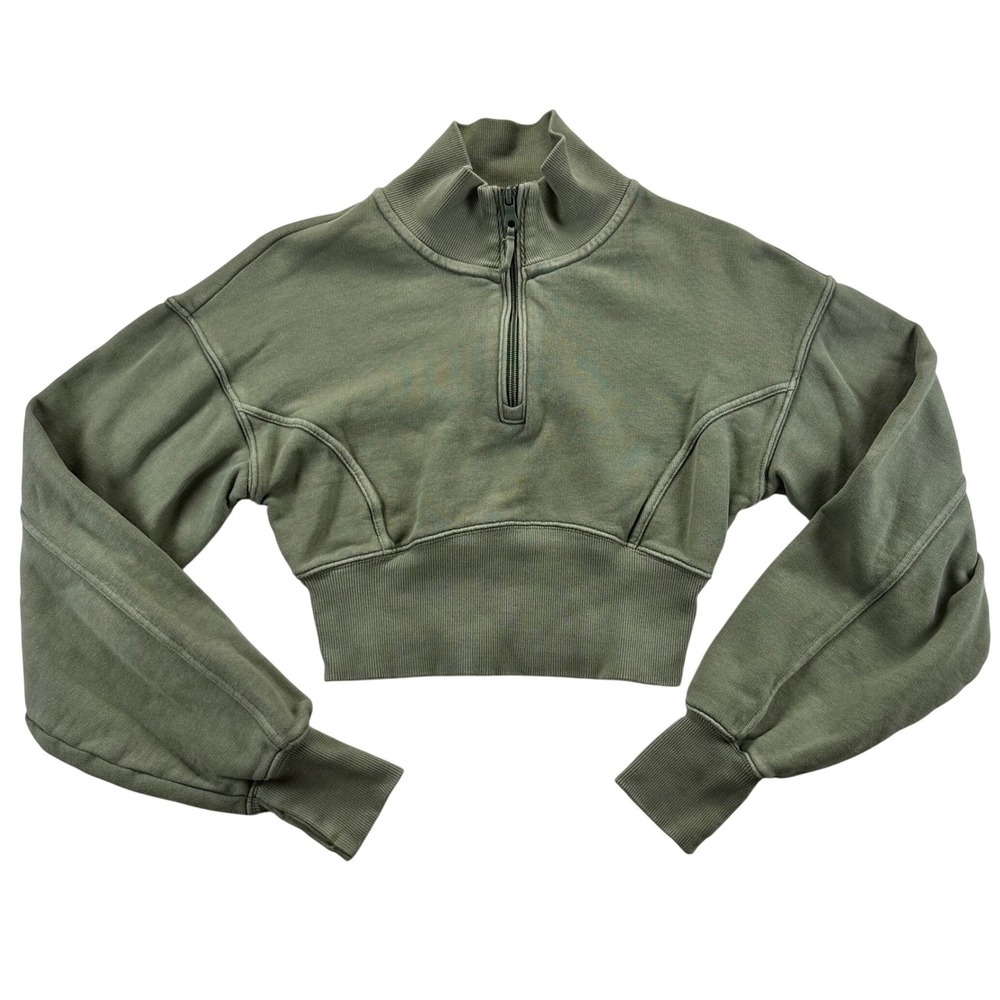 OFFLINE by Aerie Womens XS Olive Green Cropped Quarter Zip Fleece Sweatshirt